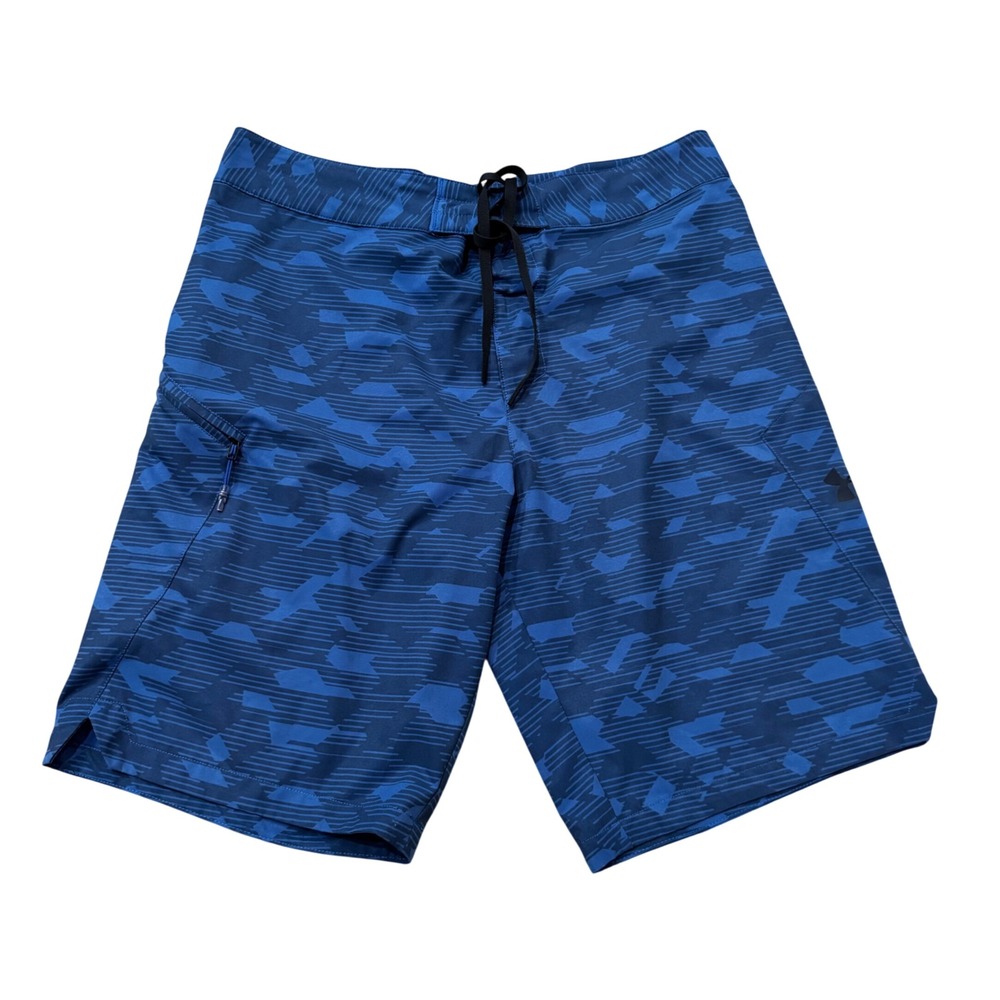 Under Armour Mens 34 Blue Geometric Board Shorts HeatGear Swim Trunks 1290503